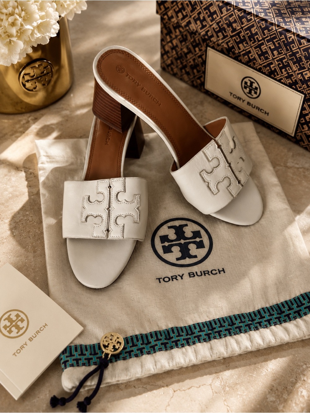 Tory Burch White Leather Block-Heel Slide Mules